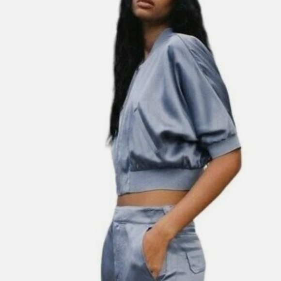 Zara light blue retro satin viscose crop bomber jacket NWT - Picture 3 of 10
